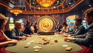 Exciting poker game at UU88 casino, showcasing luxurious betting atmosphere with vibrant colors.