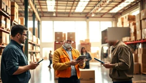 Engaged staff managing 3PL logistics in a bright, efficient warehouse.