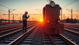 Workers performing Emergengy Railroad Repair on tracks with a locomotive in focus.