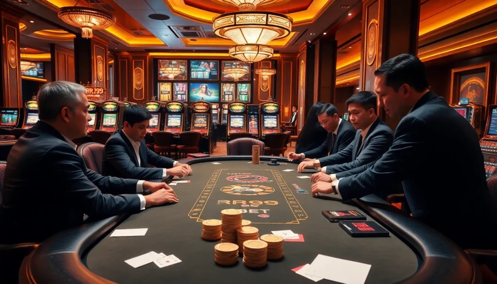 Players enjoying a high-stakes game with RR99 bet at a luxurious casino table