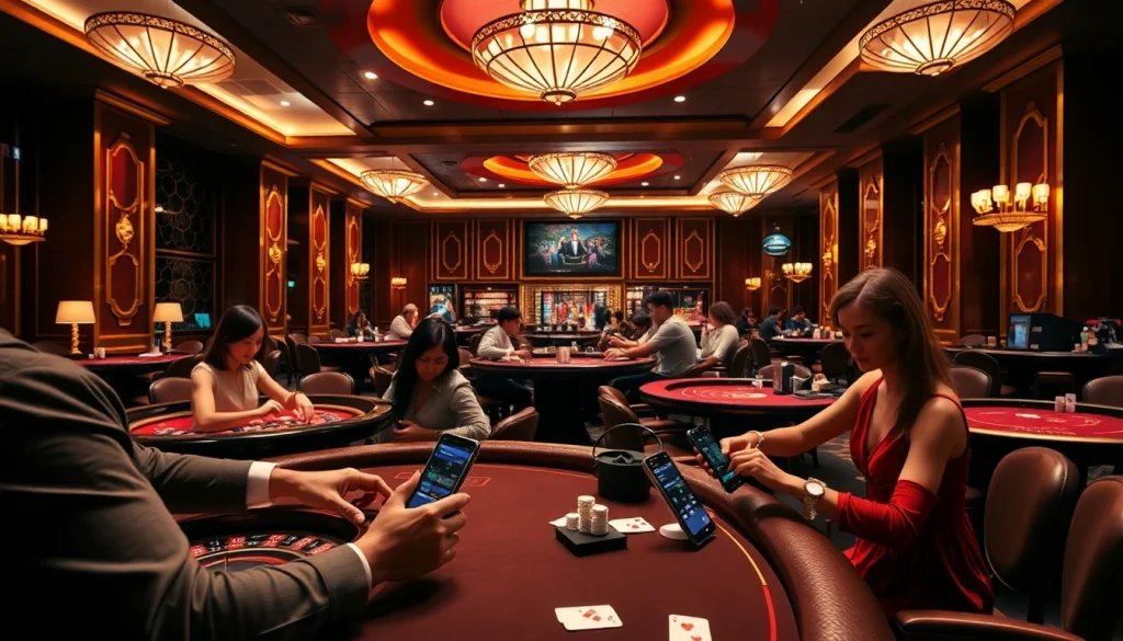 Kaisar888 login interface shown in a luxurious casino atmosphere with players at poker and roulette tables.