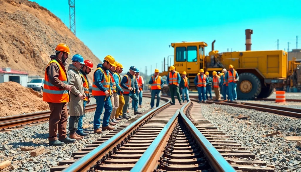 Railroad Track Construction Company workers installing tracks on a bright day.