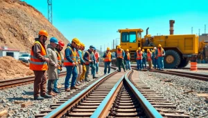 Railroad Track Construction Company workers installing tracks on a bright day.
