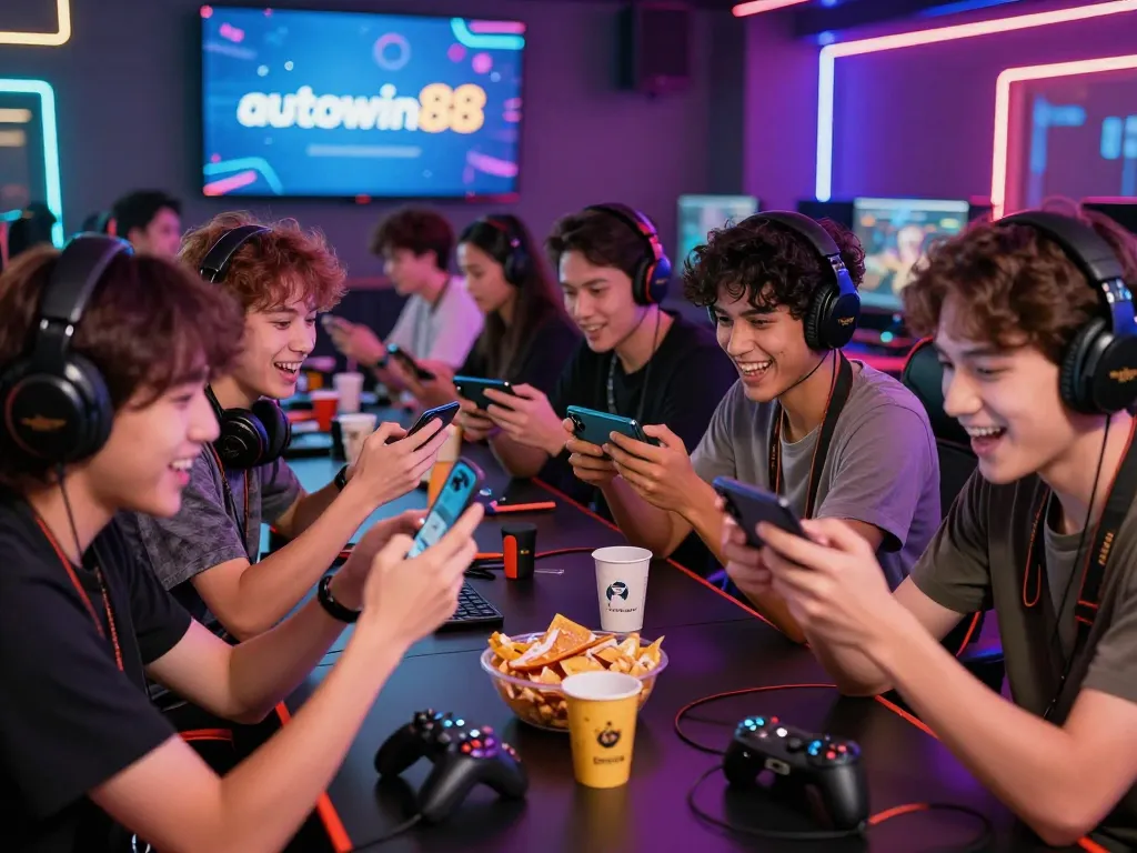 Group of friends playing mobile games, showcasing the exciting world of autowin88 gaming