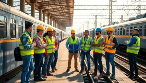 Rail jobs professionals collaborating on a busy train platform, showcasing teamwork.
