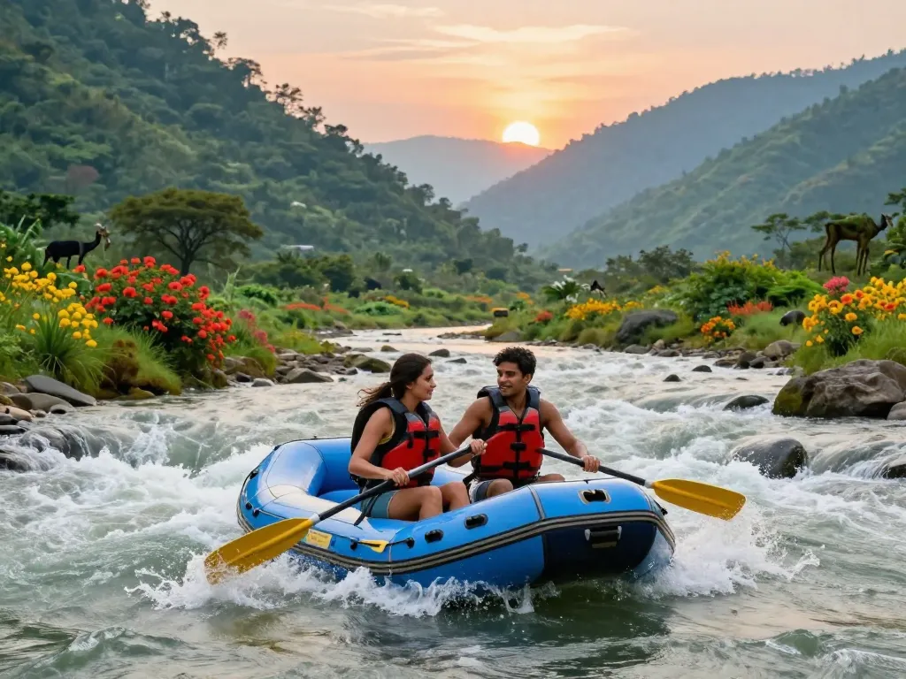 Dandeli resorts riverside adventure with couple rafting on Kali River.