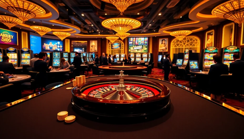Visualize a luxury online casino atmosphere with engaging gameplay elements from https://five88sss.com/ highlighting poker chips, roulette, and slot machines.
