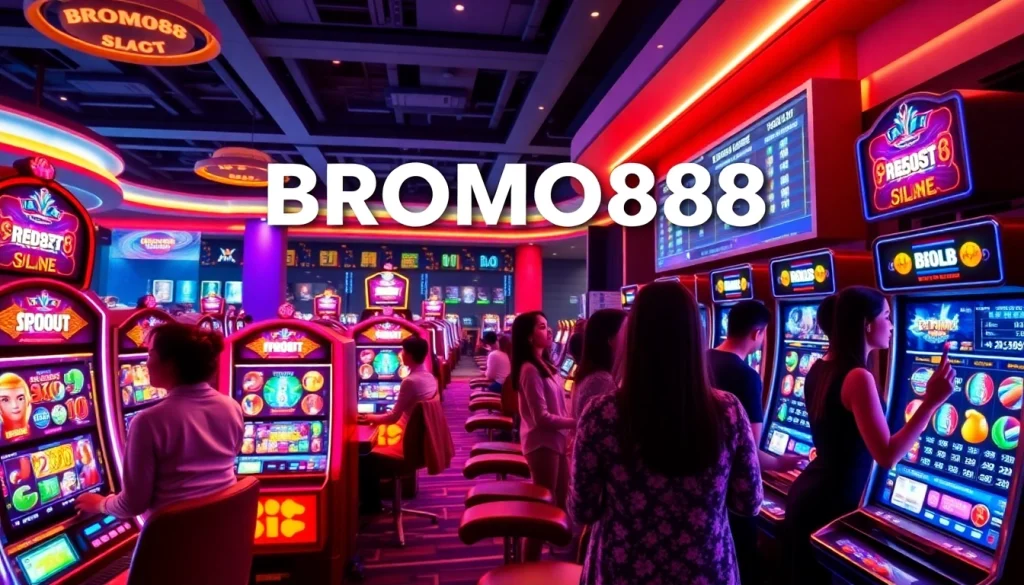 BROMO888 online slots featuring vibrant machines and engaged players in a modern casino atmosphere.