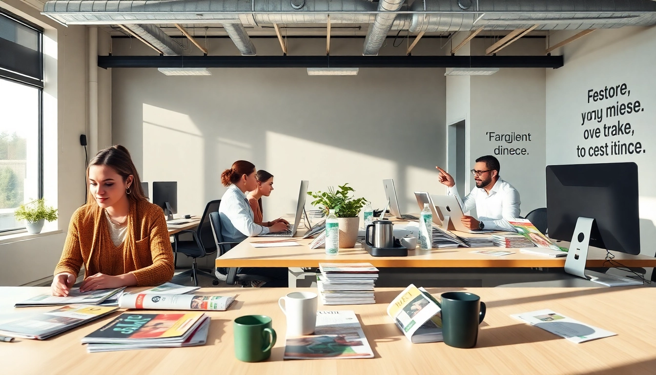 Team at a direct mail company planning marketing strategies and projects.