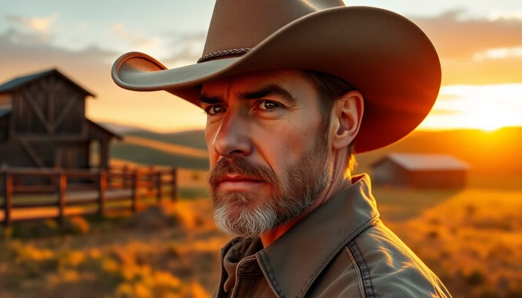 Shop for high-quality Cowboy Hats worn by a rugged cowboy against a sunset backdrop.