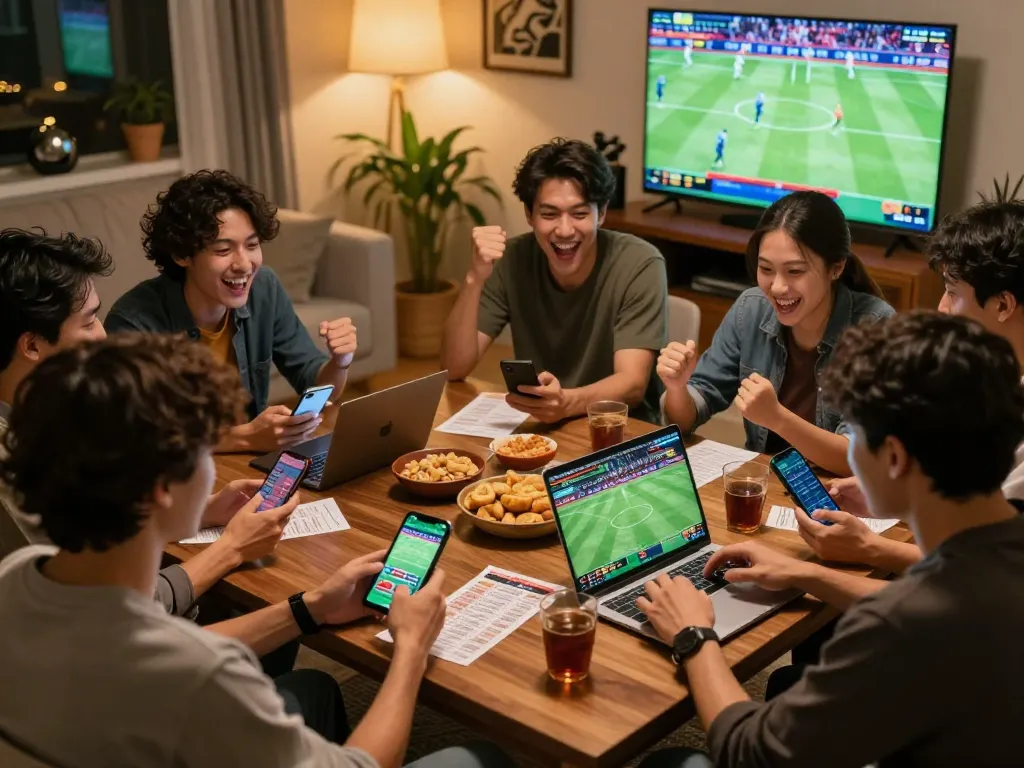 Cakhiatv sports betting scene with friends cheering and placing bets on mobile devices.