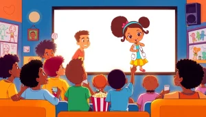 A lively scene celebrating African American cartoons featuring iconic characters like The Boondocks and Doc McStuffins, with children watching animated joyfully.