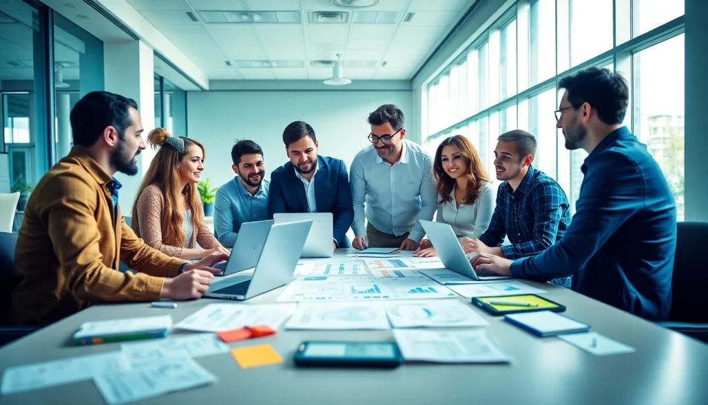 Collaborative team focusing on online marketing edmonton strategy in a modern office.