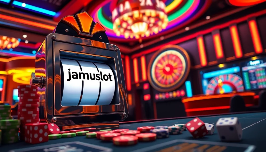 Experience the thrill of jamuslot at a luxury casino featuring vibrant slot machines and poker chips.