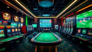 Experience the excitement of online gaming at 8kbettt.co with a vibrant casino scene featuring slots and poker tables.