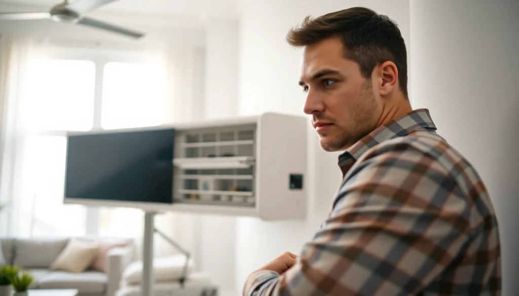 HVAC technician servicing Trane Canada air conditioning unit in a bright home.