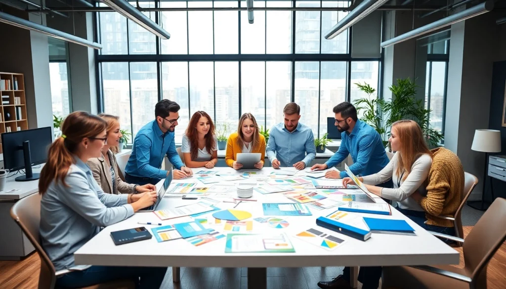 Direct mailing company team collaborating on innovative campaigns in a bright office.