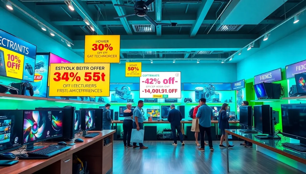コンピュータとゲーム機器の割引を特集した現代的な電子機器店におけるドスパラクーポンオファーの展示