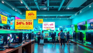 コンピュータとゲーム機器の割引を特集した現代的な電子機器店におけるドスパラクーポンオファーの展示