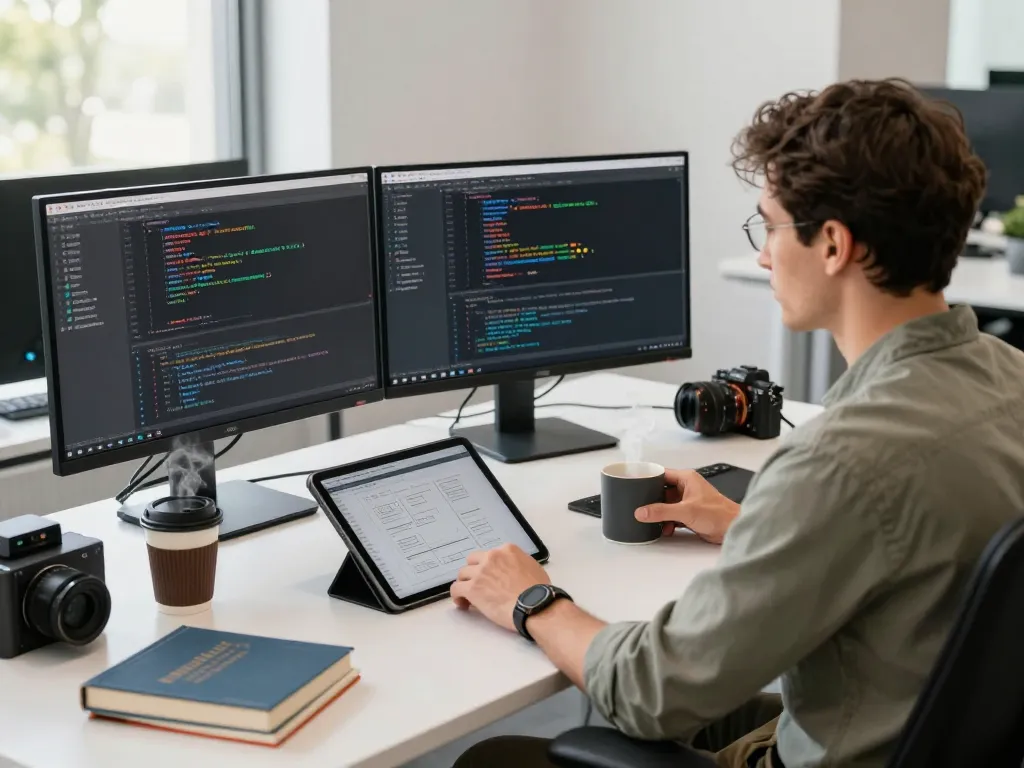 A developer works on谷歌浏览器 projects at a modern tech workspace with multiple monitors and coding displays.