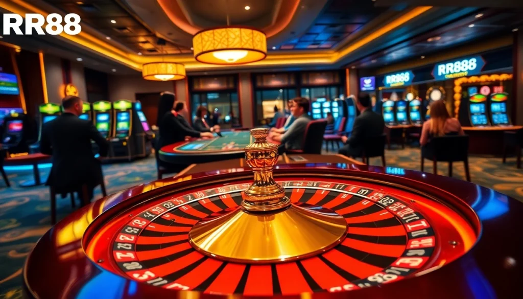 RR88 players enjoy vibrant casino action with roulette wheels and poker chips in a luxurious setting.