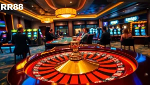 RR88 players enjoy vibrant casino action with roulette wheels and poker chips in a luxurious setting.