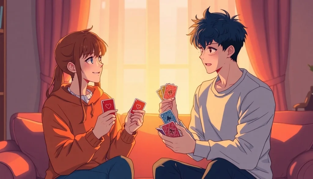 お前はいつも負けず嫌いの魅力的な場面。鮮やかなカードゲームを通じてキャラクター間の遊び心ある対戦を描写。