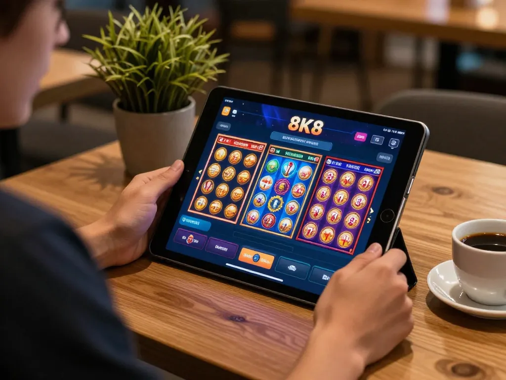 Player enjoying 8K8 casino app on tablet at café, showcasing colorful slot game action