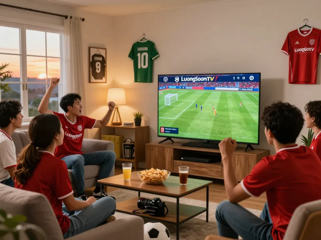 Excited fans watching a football match on LuongSonTV in a cozy living room.