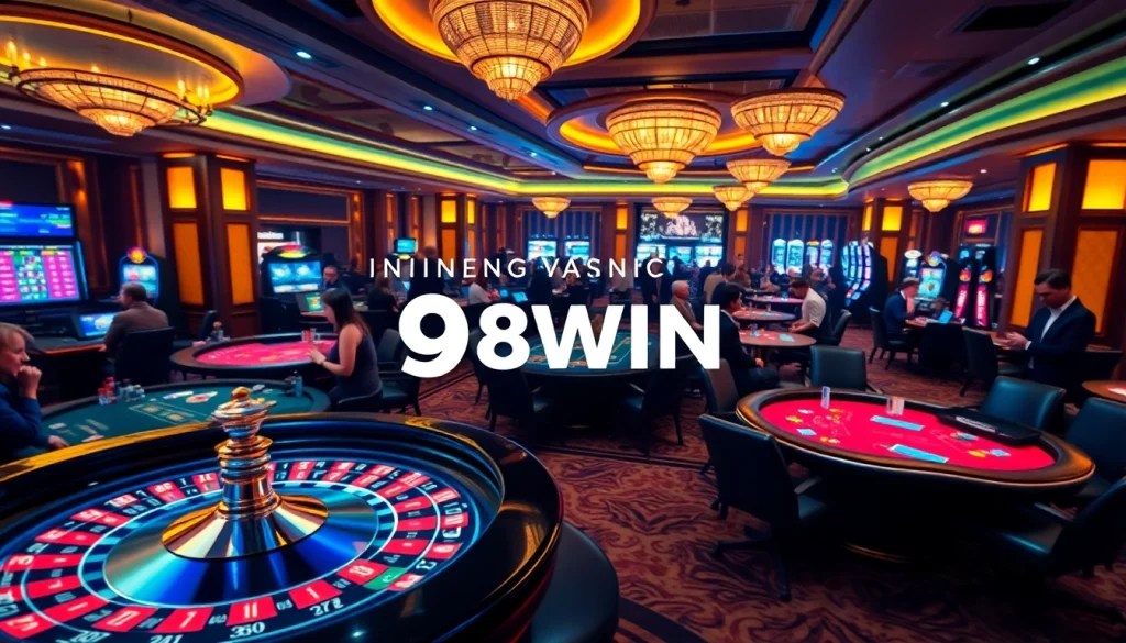 Experience the excitement of 98WIN with players engaged in casino games and a roulette wheel in action.