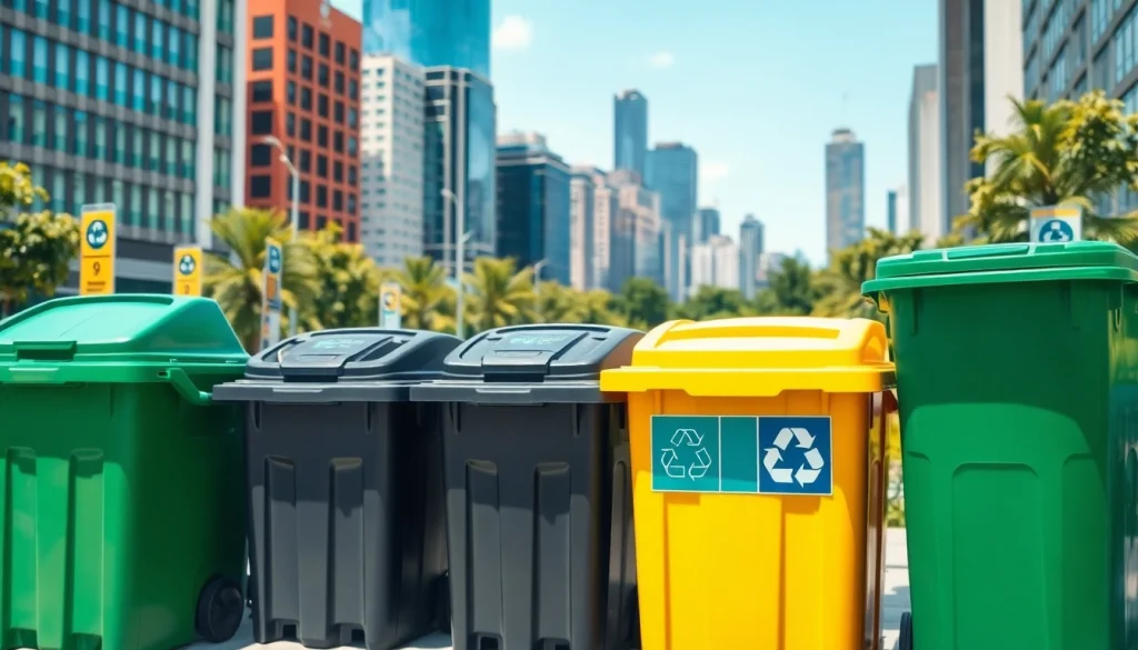 Efficient garbage removal bins amidst an urban landscape promoting waste management solutions.