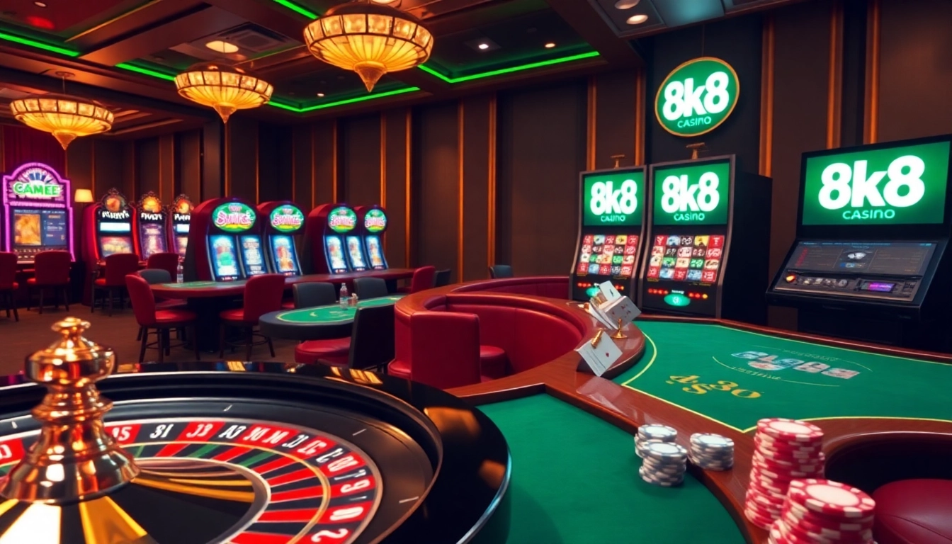 Experience the thrill of 8k8 with vibrant gaming visuals showcasing casino tables, slots, and poker chips.