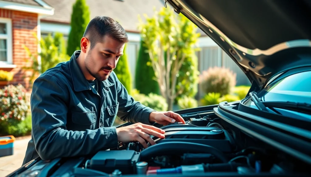 Mobile car repair expert efficiently working on a vehicle in a residential setting.