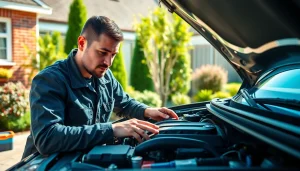Mobile car repair expert efficiently working on a vehicle in a residential setting.