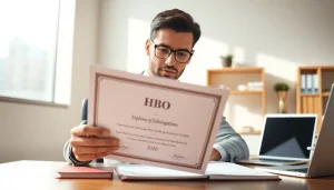 HBO-diploma kopen met trots tentoongesteld in een moderne kantooromgeving, die onderwijsprestatie vertegenwoordigt.