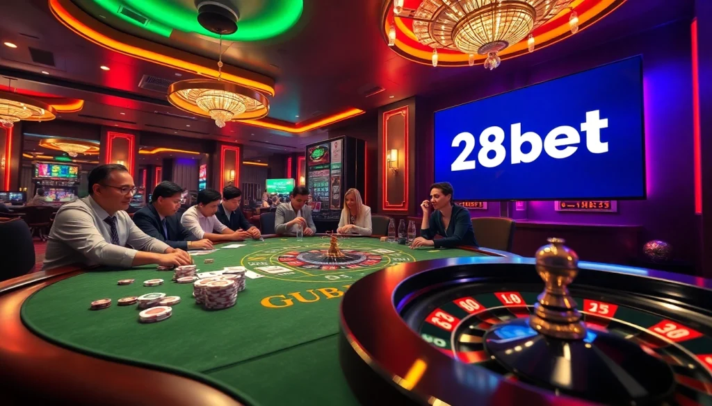 Players engaging in thrilling casino games like poker and roulette at 28bet, set in a vibrant atmosphere.