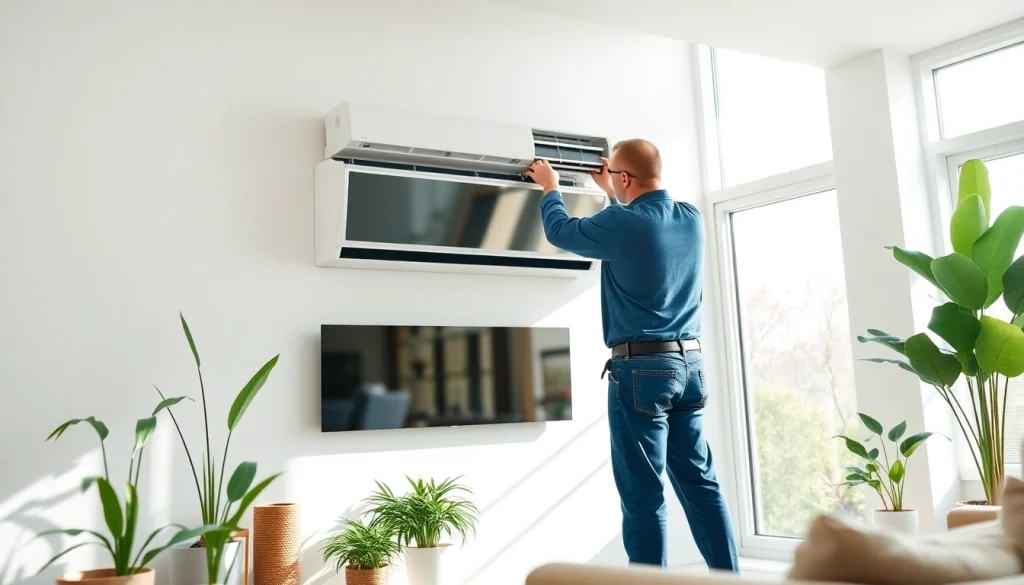 Technician installing energy-efficient HVAC systems in a bright, modern living room.
