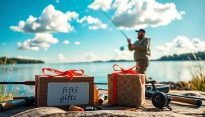Gift box showcasing fly fishing gifts beside a tranquil lake with fishing gear.