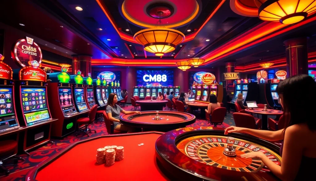 Players enjoying games at CM88 casino tables, showcasing vibrant gambling action.