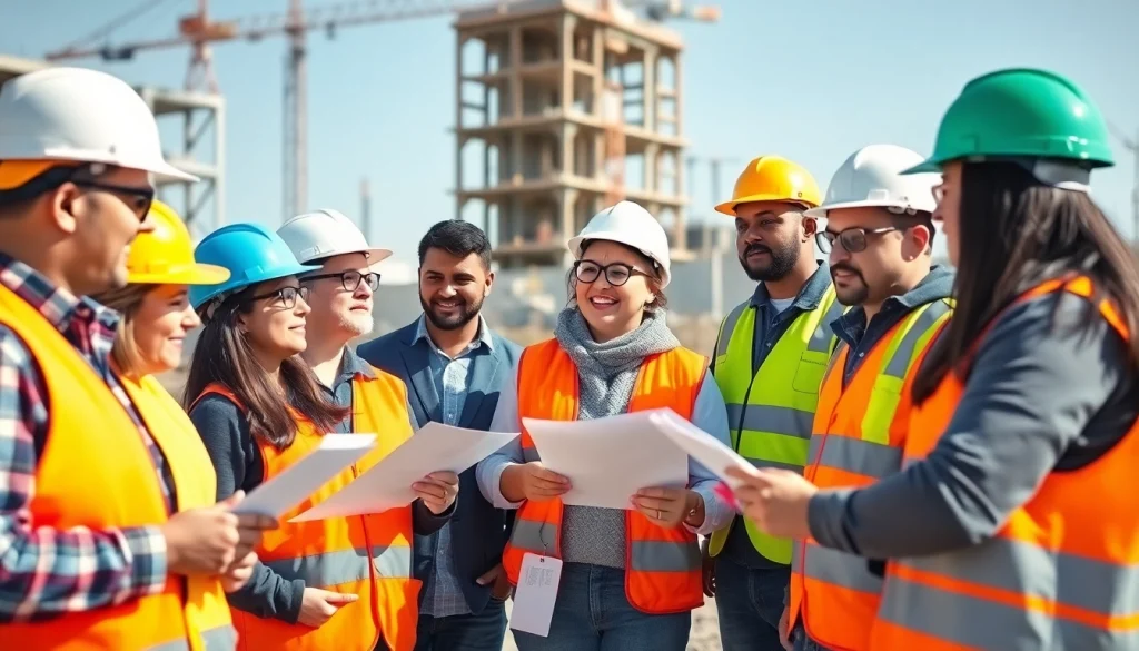 Actively participating in construction safety training session on-site with diverse workers.