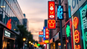 Illuminated electrical signs in an urban environment highlight vibrant designs and attract attention.