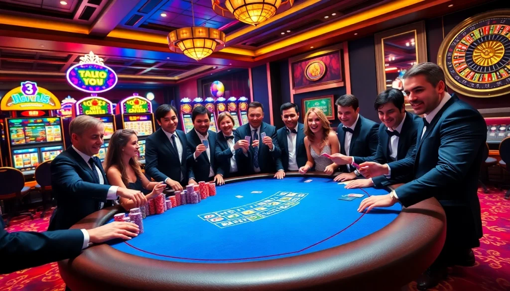 Gamblers enjoying a thrilling game at nhà cái 33win poker table, surrounded by vibrant slot machines.