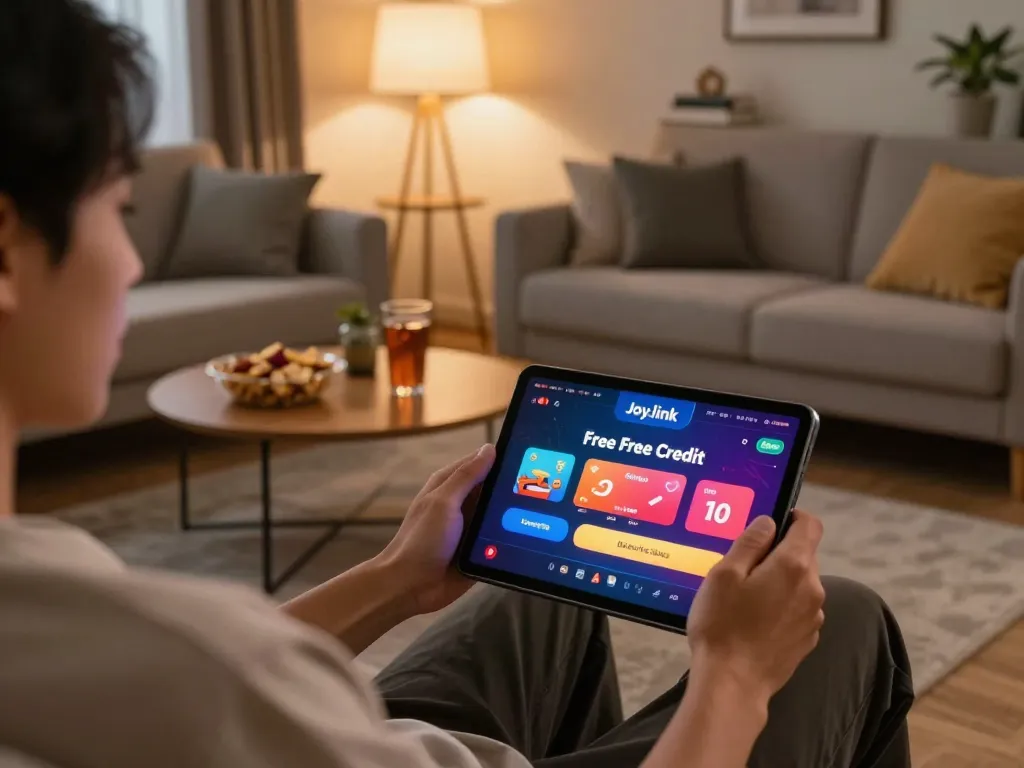 Engaging with Joy.link free credit on tablet while relaxing at home, showcasing a comfortable gaming setup.