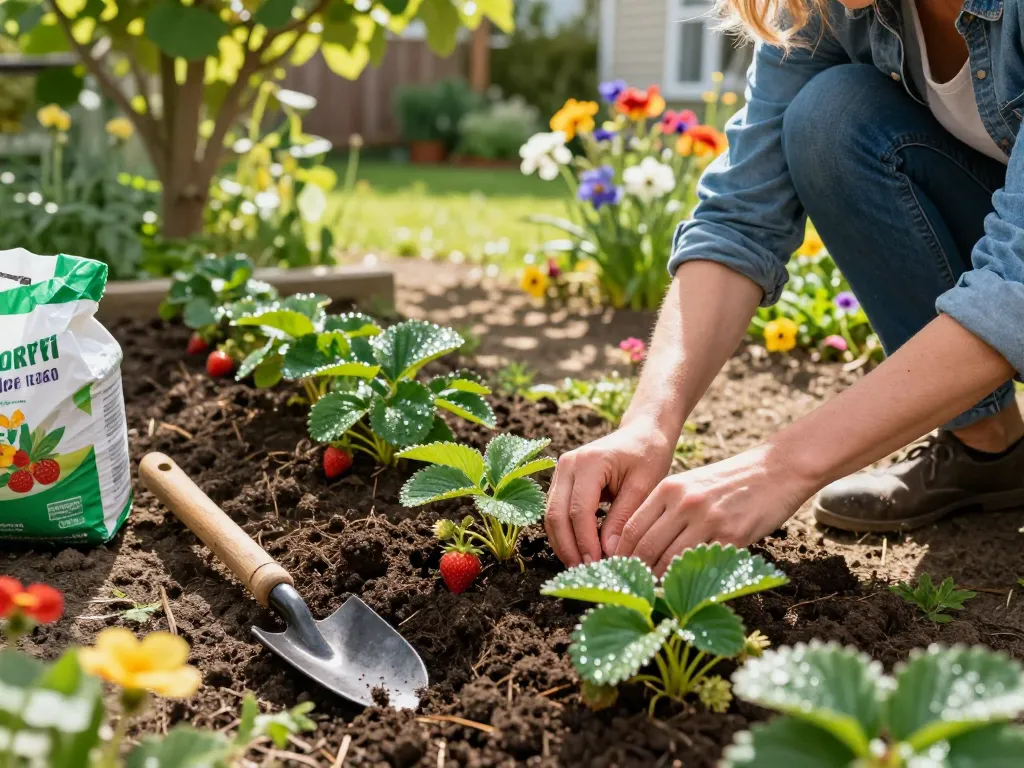 Planting aardbeienplanten kopen in a vibrant garden with rich soil and morning light.