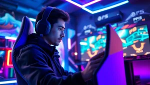 Gamer intensively playing on PS5 with modern setup and vibrant LED lights.