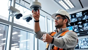 Instalación de cámaras de seguridad en un entorno de oficina moderno que refleja profesionalismo e innovación.