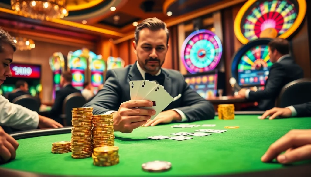 Joueurs stratégiant dans un jeu de poker de casino en ligne avec des tables et des jetons vibrants.