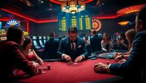 Suasana kasino yang mendebarkan menampilkan permainan profesional di jmacdonaldphoto.com dengan chip poker dan kartu.
