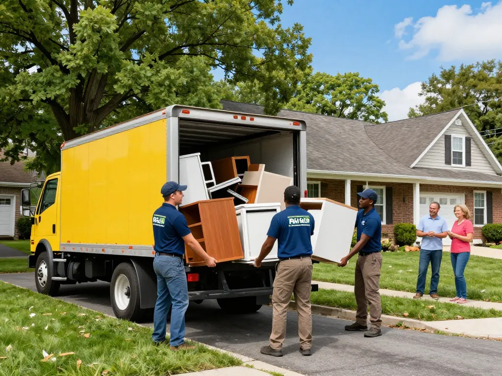 Engaged team performing JUNK REMOVAL WAYNE NJ services, loading appliances and debris into a truck outside a home.