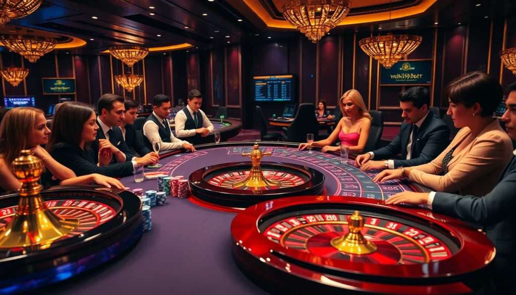 Players engaging in exciting card games at https://9789bet.com/ casino table full of chips and roulette wheels.